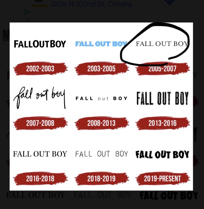 this is a timeline of the band fall out boy's different logo iterations and the years each logo was used. the logos range from 2002 to 2019.