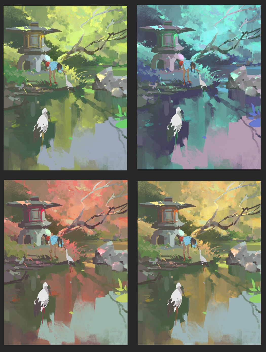 the image showcases four variations of the same illustration, each with a different color palette, depicting a serene japanese garden scene. a young girl in a blue dress stands by a tranquil pond, gazing at a graceful white crane. the scene is framed by lush greenery and a traditional stone lantern, evoking a sense of peace and tranquility.