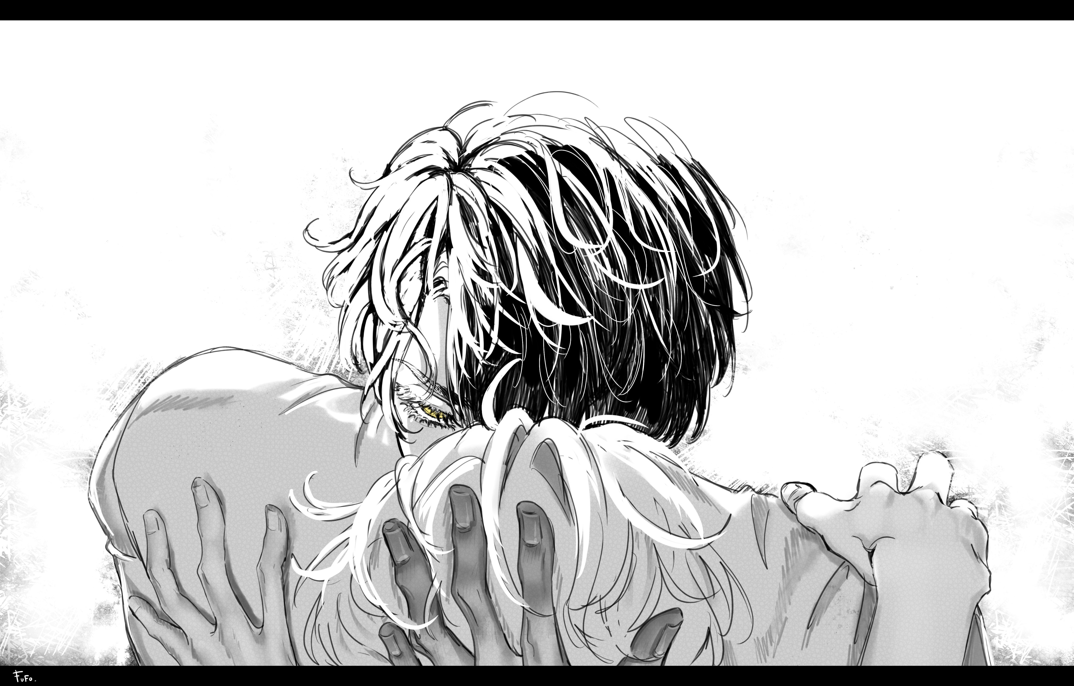 the image is a monochrome drawing or illustration, possibly in the style of manga or anime. it depicts two young men embracing in a tight hug.  the one on top has his face partially obscured, while the other has his face hidden entirely in the embrace. the style is expressive and highly detailed, with attention to shading and texture. the overall mood is one of intense emotion, possibly sadness, sorrow, or grief. the piece feels intimate and emotionally charged, suggesting a deep connection between the two figures. the background is a light gray/white, leaving the focus on the figures in the foreground. the artist's signature or mark appears in the bottom left corner.