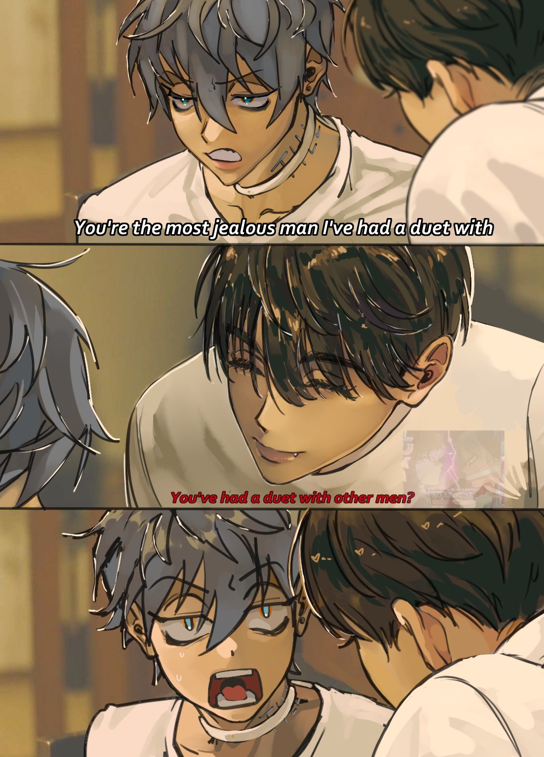threepanel image depicting a scene from an anime or manga.  the images primarily focus on the faces and expressions of several young men with varied hair colors.  dialogue boxes display text revealing a conversation about jealousy related to a duet. the art style is expressive and detailed, conveying strong emotions through facial features and body language.  the color palette is muted, with earth tones predominant.