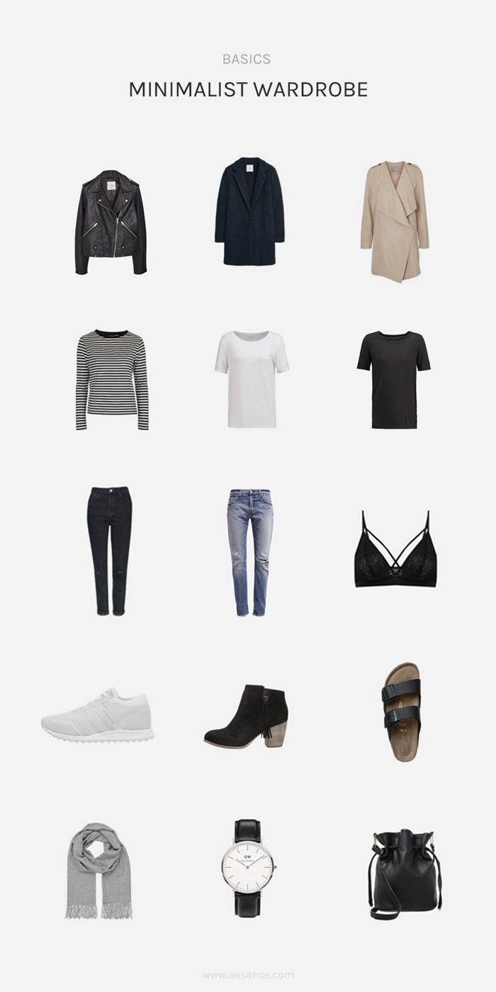 the image displays a collection of minimalist wardrobe basics for women. the items are arranged in rows on a plain background. the collection includes a leather jacket, a dark coat, a light trench coat, a striped long sleeve shirt, a white tshirt, a black tshirt, black jeans, blue jeans, a black bra, white sneakers, black ankle boots, black sandals, a grey scarf, a wristwatch, and a black bucket bag. the layout is clean and organized, highlighting the essential items in a minimalist wardrobe.