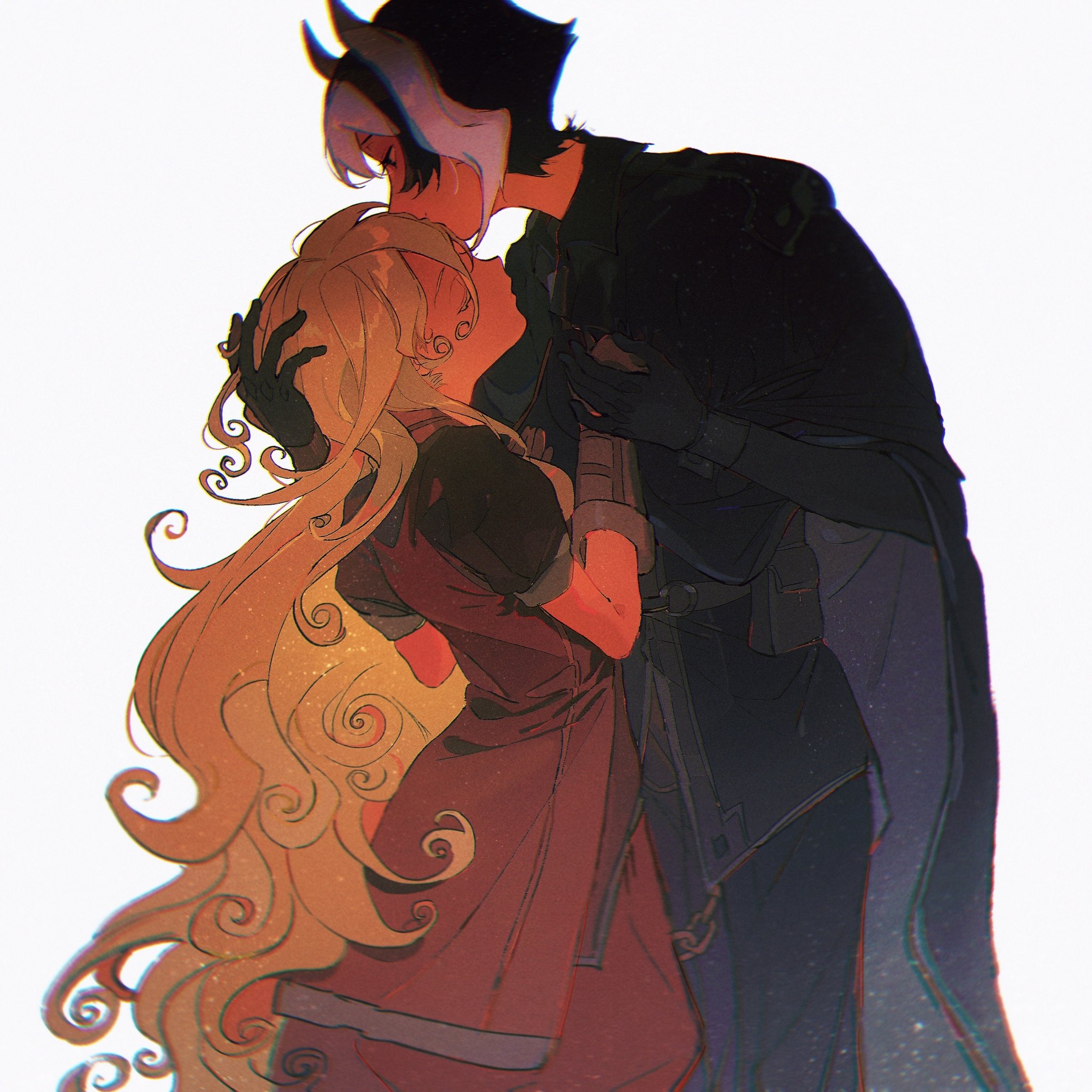 an animestyle illustration of a couple in an embrace, the girl with long blonde hair and a red dress, the boy with black hair and a black coat with a cape, both are kissing. the background is white with a faint sparkle. the image has a romantic and magical feel.