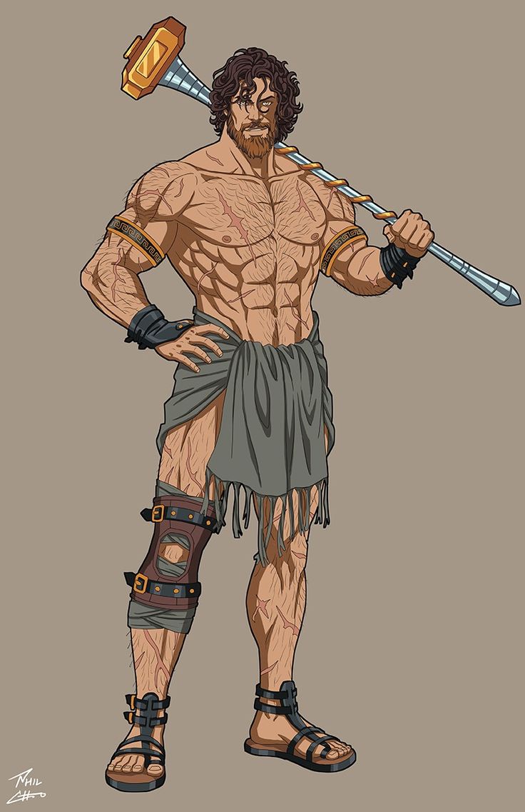 the image is a digital illustration of a muscular, barechested man, possibly a warrior or hero. he appears to be of ancient greek or roman inspiration,  wearing a simple togalike garment around his waist and sandals. he has a battleworn appearance, with visible scars and bruises on his body, and he carries a large hammer over his shoulder.  his expression is serious and determined. the style of the illustration is reminiscent of comic book art or character design for a video game. the background is a plain muted gray tone, which focuses the attention on the character.