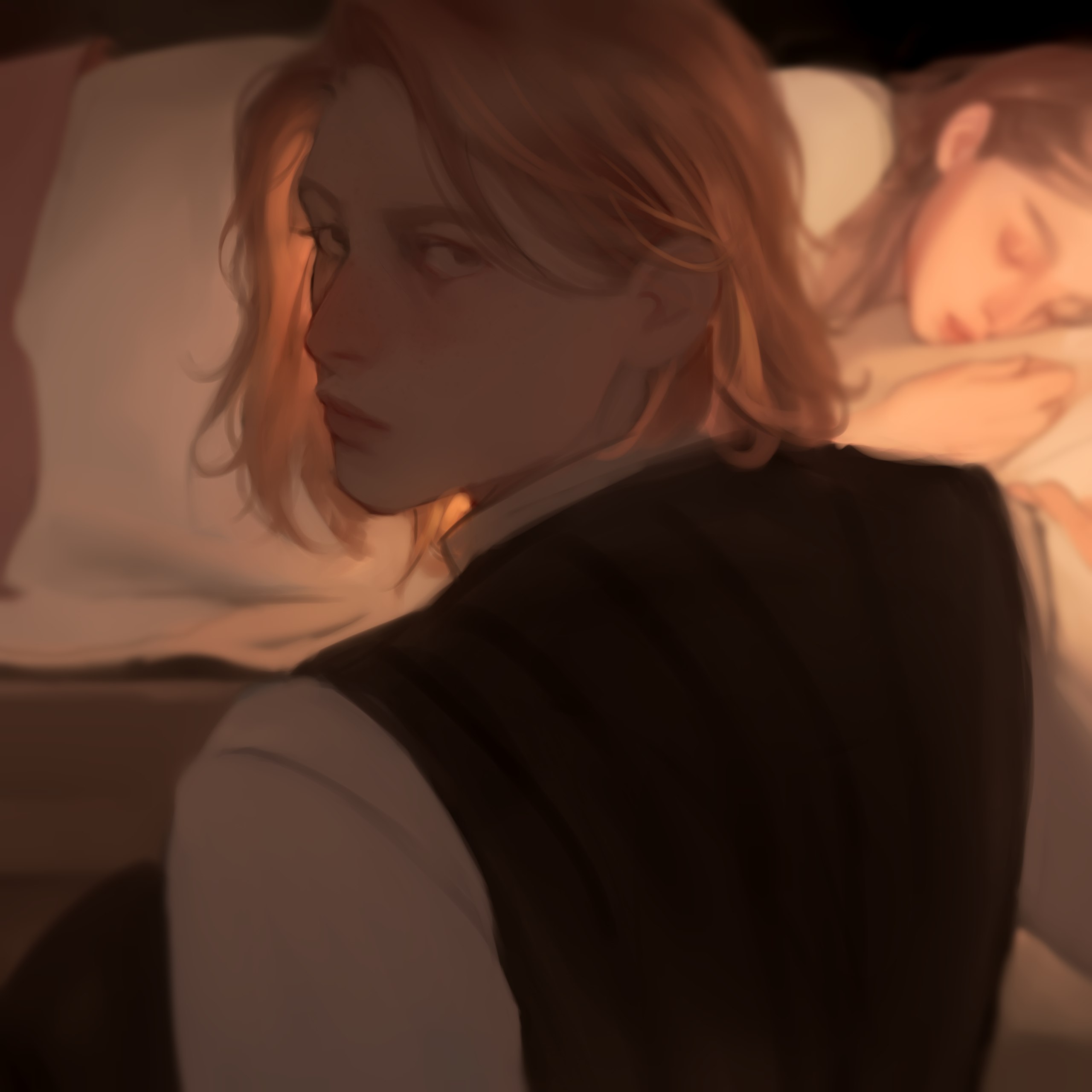 a digital painting of a man and woman lying in bed. the man with shoulderlength blonde hair is awake and looking at the camera with an unreadable expression, while the woman with long blonde hair is asleep facing away from him.  the lighting is warm and soft, coming from a source behind the man. the overall mood is one of mystery and tension.
