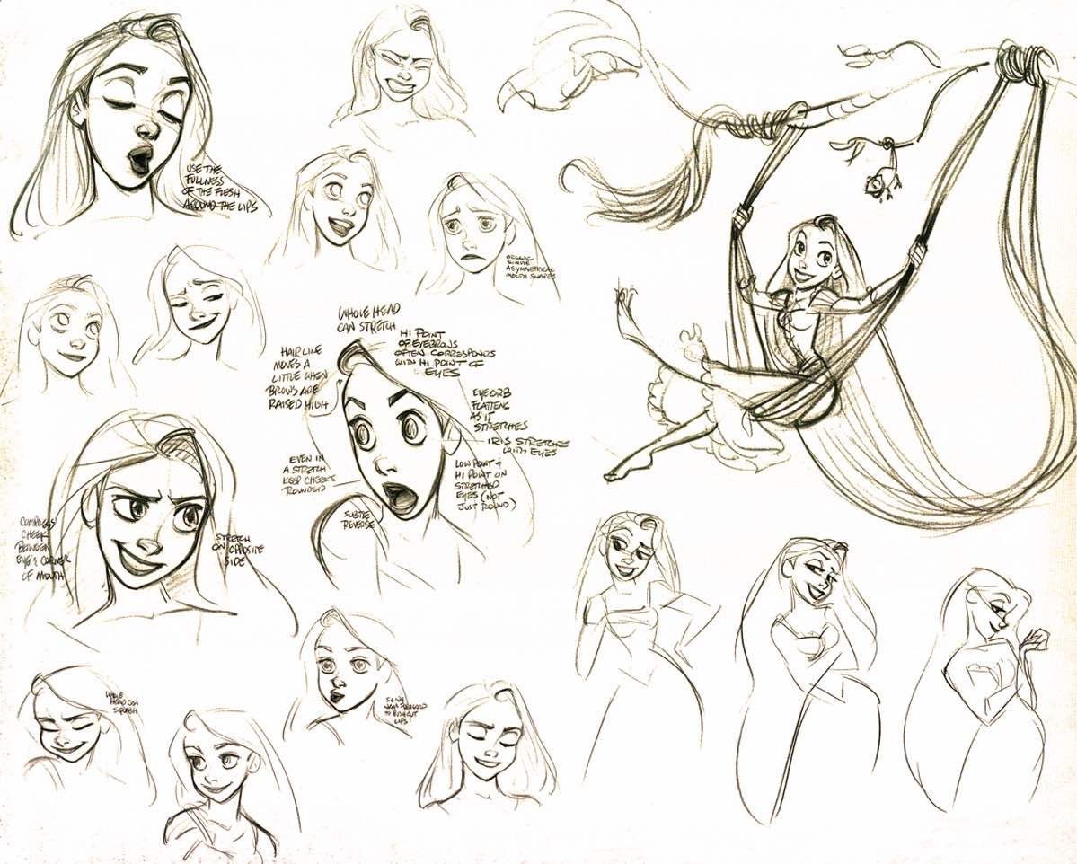 the image showcases a series of sketches focusing on a female character, likely for animation. it features numerous headshots exploring a wide range of facial expressions, emphasizing different emotions. there are also dynamic sketches of the character swinging from what appears to be her long hair, highlighting movement and flow. the style suggests preliminary concept art, focusing on capturing the character's personality and potential for animation.
