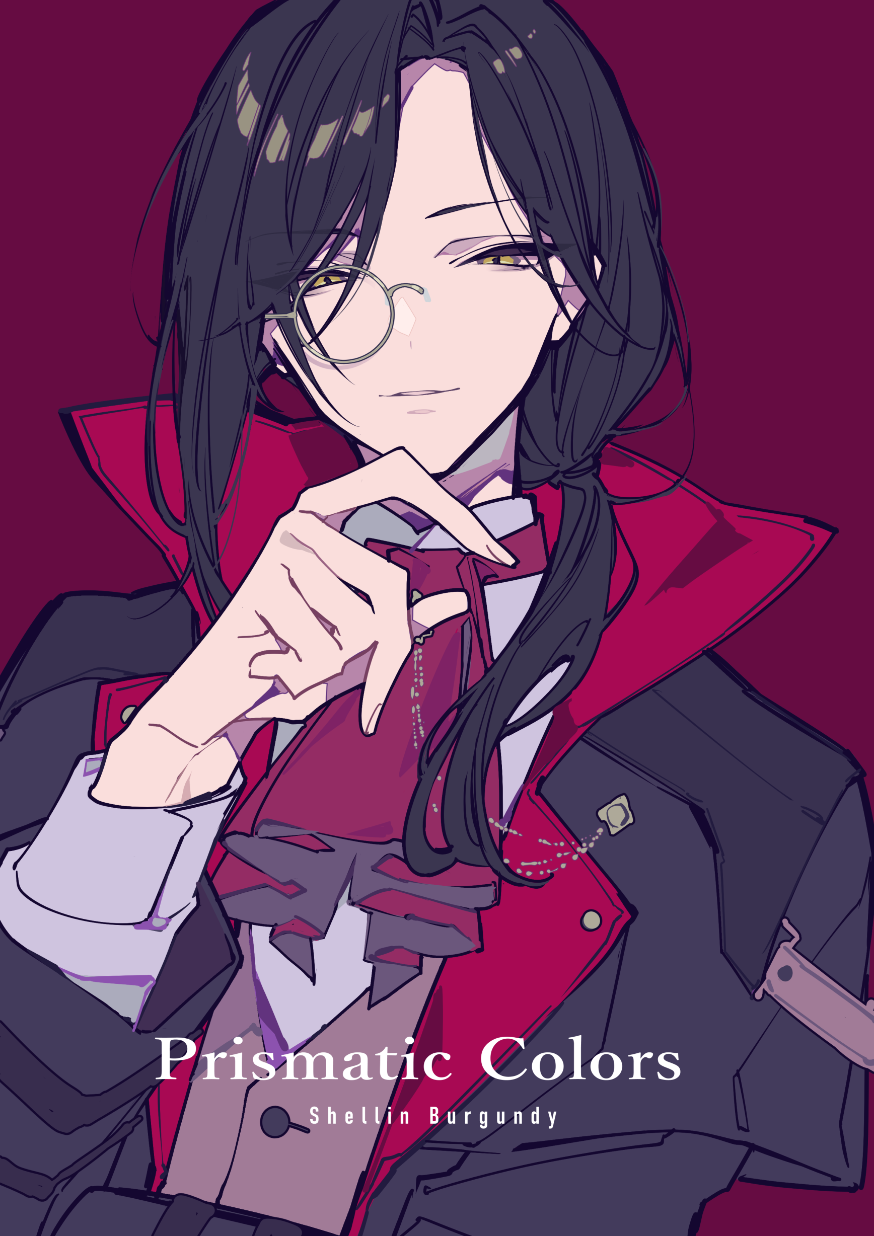 anime illustration of a male character named shellin burgundy from prismatic colors. the character has black hair, gold eyes, and wears a monocle. he has a burgundy suit with a red collar and tie, his fingers are near his chin in a pensive pose. the image is set against a dark burgundy background.