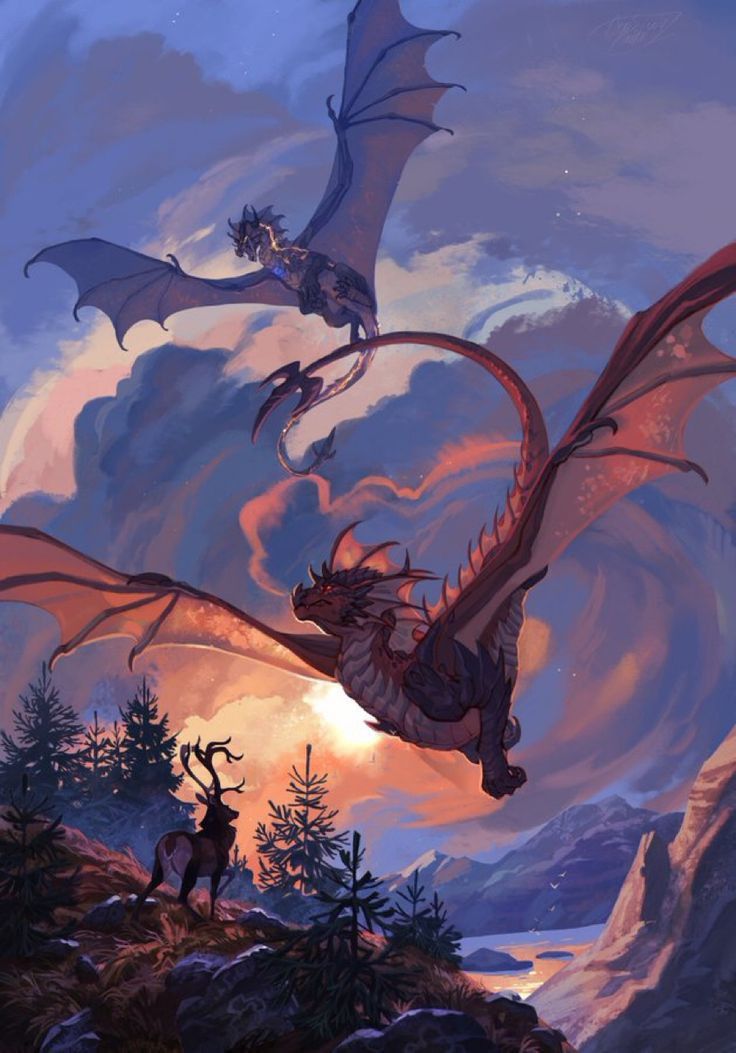 two dragons fly in a sky with orangelit clouds. below, a deer stands on a hill overlooking a forest and mountains near a lake. the scene is painted in a fantasy art style.