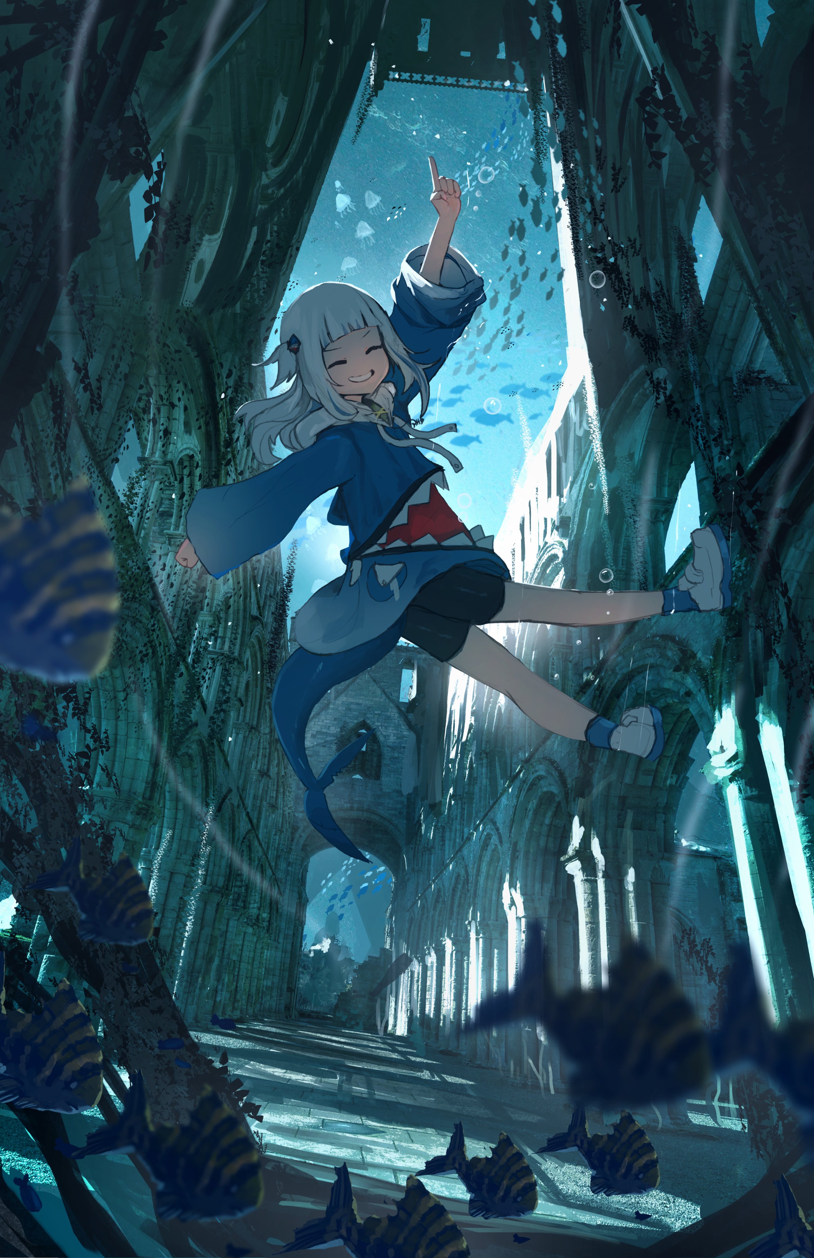 an animestyle image depicts a girl, likely a vtuber named gura, joyfully swimming through underwater ruins. the scene is fantasythemed with a light blue hue, featuring old architecture and schools of fish. gura is pointing upward with a smile, suggesting she's exploring this submerged world with excitement.