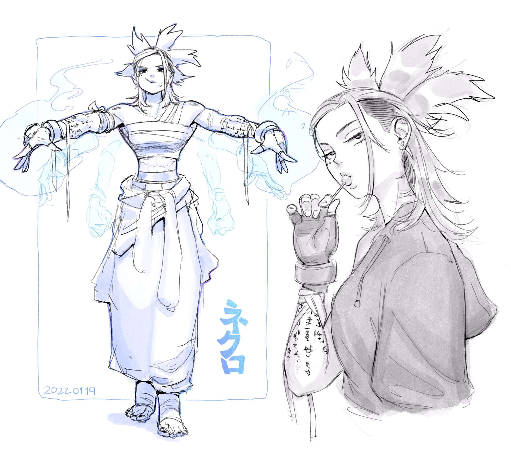 the image features a concept sketch of a female anime/manga character presented in two different styles.  on the left, she's depicted in a more ethereal, almost spiritlike pose, wearing loose, flowing clothing, with light blue accents suggesting mystical energy around her. this version emphasizes her magical abilities.  to the right is a more casual portrayal of the same character, wearing a hoodie and gloves. this view shows more detail in her facial features and her tattooed arm, creating a more grounded, realistic feel. the two styles contrast but maintain visual consistency in the character's unique hairstyle and overall design.  the background includes some light sketch lines and a kanji character. the overall style is loose and sketchy, suggesting a work in progress or a quick character concept.