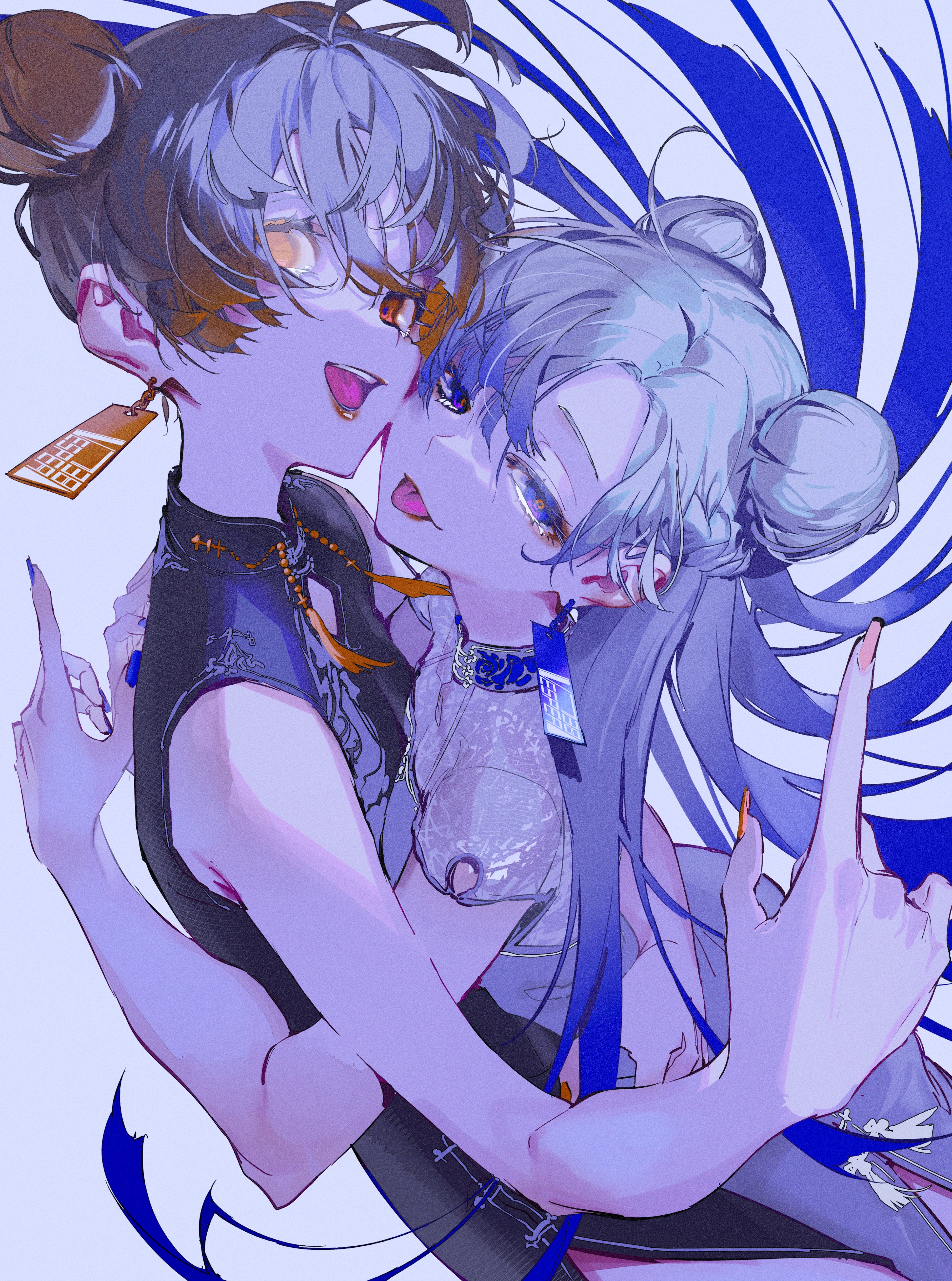 the image features two anime girls in a close embrace, their faces close together as they smile at each other. the girl on the left is wearing a black dress with a gold design, while the girl on the right is wearing a white dress with a silver design. both girls have long blue hair that flows around them. the background is a soft blue and white, with hints of pink and purple. the overall impression is one of love, romance, and affection.  the girls appear to be close friends or perhaps even lovers. their smiles are genuine and their bodies are close together, creating a sense of warmth and intimacy. the art style is very detailed and realistic, with the girls' features being meticulously drawn.
