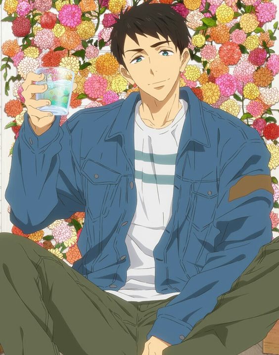 an anime character with short brown hair and blue eyes is sitting and drinking from a glass. he is wearing a blue denim jacket and a whiteandgreen striped shirt. he is sitting in front of a wall of colorful flowers. the lighting is soft, and the overall tone of the image is warm.