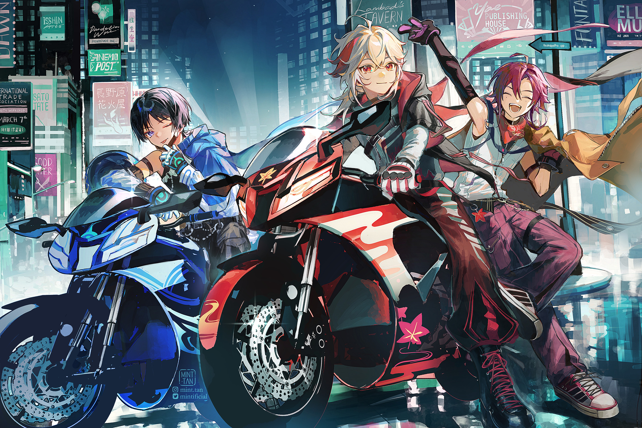 the illustration showcases three anime characters in a cyberpunk setting. the central character, a female with blonde hair and a red jacket, sits on a red motorbike, while the other two, a male with blue hair and a female with brown hair, stand on either side. they are all dressed in cool, stylish attire, and the scene is full of neon lights, futuristic architecture, and a dynamic sense of motion. the illustration is a captivating blend of cyberpunk elements and anime aesthetics, creating a visually stunning and exciting scene.