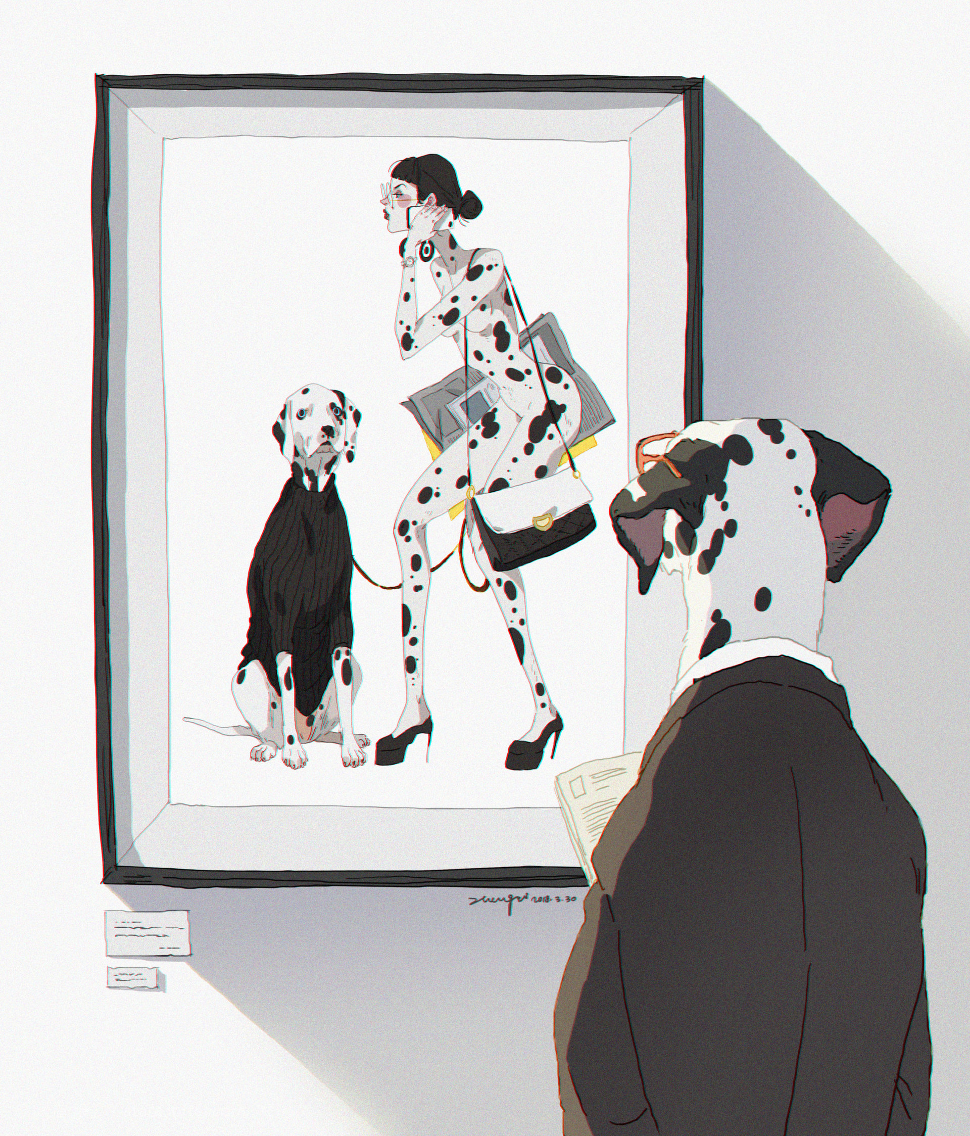 a dalmatian dog wearing a suit and tie, with glasses perched on his nose, observes a painting in a museum gallery. the painting features a dalmatian woman dressed in fashionable clothes, holding a phone and walking with her dalmatian dog. the dog in the painting is wearing a sweater, while the woman is wearing heels. the painting is set in a white background with a simple black frame. the museum scene is framed by a wall and the dog in the foreground occupies most of the space.