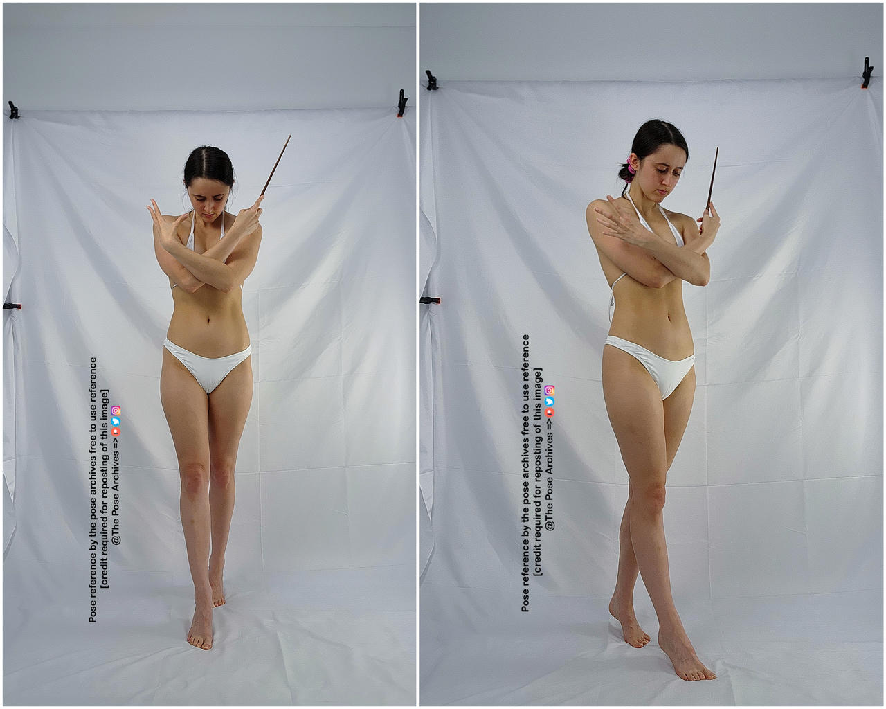 a woman in a white bikini stands in front of a white backdrop, holding a wand in her right hand, her arms crossed at her wrists. she is posing for a reference photo. the image is split into two nearly identical images sidebyside. there is text on the image that reads "pose reference by the pose archives free to use reference [credit required for reposting of this image] @the pose archives =>".
