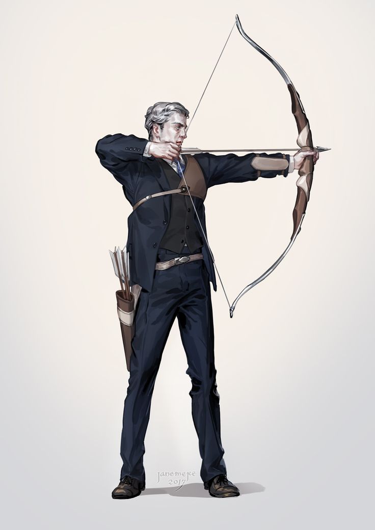an illustration of a man dressed in a business suit drawing back a bow and arrow. he has a quiver of arrows on his hip and is wearing a leather chest protector.