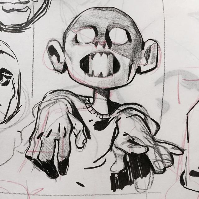 a black and white drawing of a cartoon monster. the monster has a large head, a wide mouth, and a surprised expression. the monster has two hands, one of which is in the foreground. it is drawn in pen, ink, and line art. the drawing is done in a style reminiscent of cartoon and comic book illustrations. it appears to be a dark and scary image.
