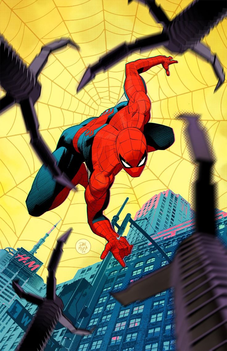 the image is a comic book illustration of spiderman swinging through the air in new york city. he is wearing his classic red and blue suit, and his webshooters are firing webs. in the background, there are tall skyscrapers and a web pattern. the overall style is dynamic and actionpacked, with bold colors and a sense of movement.