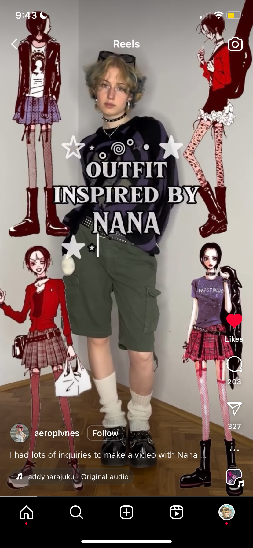 the image is a tiktok or instagram reel featuring a person cosplaying an outfit inspired by the anime/manga series nana. the reel showcases the cosplayer alongside stylized cartoon drawings of characters from nana, illustrating the inspiration behind their clothing choices.  the cosplayer's outfit includes cargo shorts, a darkcolored shirt, a choker necklace, and platform boots, reflecting a blend of grunge, streetwear, and harajuku styles. the text overlays clearly state the video's theme and acknowledge viewer requests for this particular nanainspired content. the overall aesthetic is heavily influenced by the visual style of the nana series.