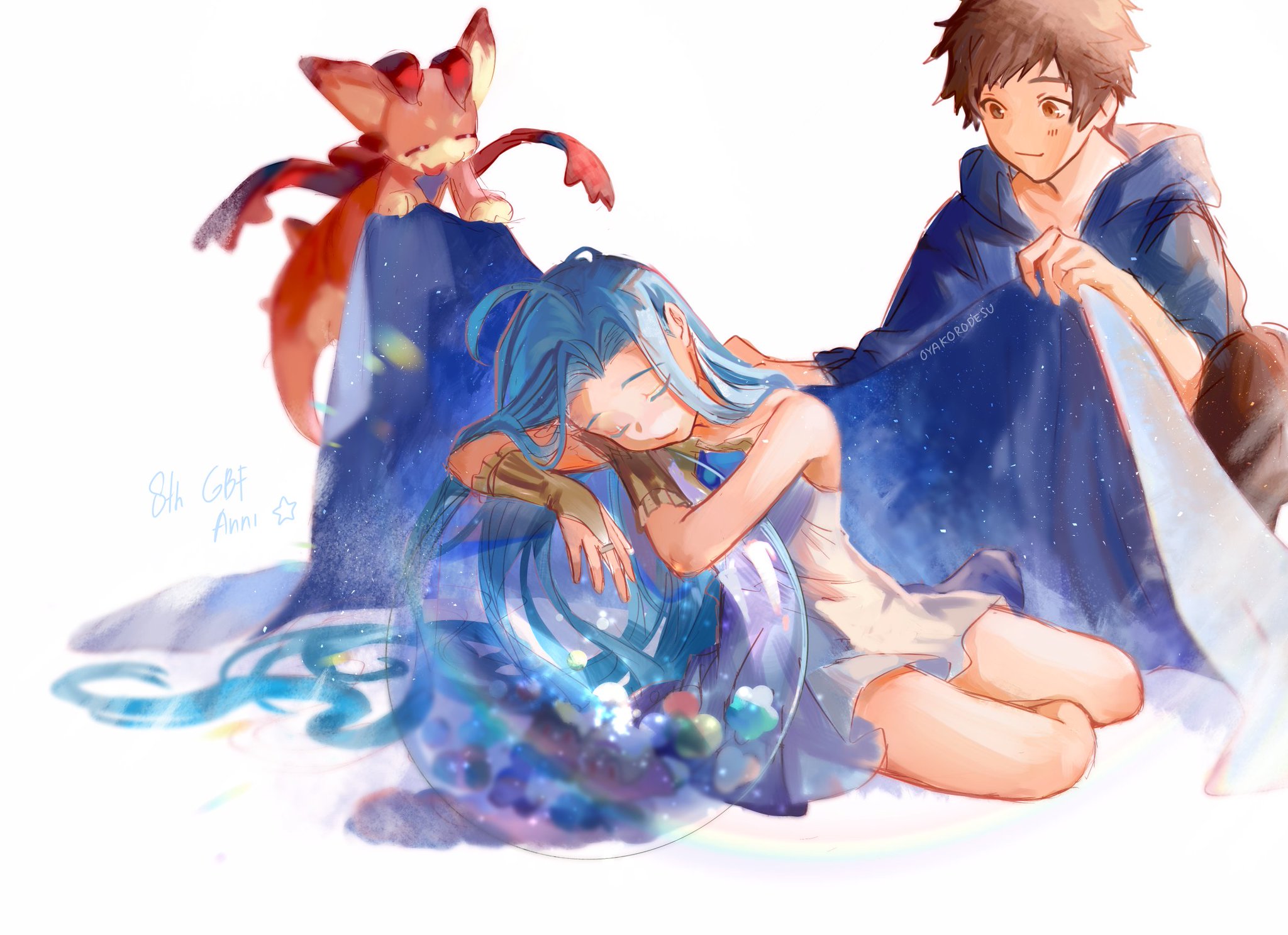 this is a digital illustration of a young girl with long blue hair sleeping inside an orb surrounded by stars. a boy with brown hair is seen wrapping a blue blanket around the girl, while a cute red creature is perched on top of the blanket. it seems like a sweet, loving moment between two people who are very happy together. the art style is cute and whimsical, with a dreamy, fantasylike feel.