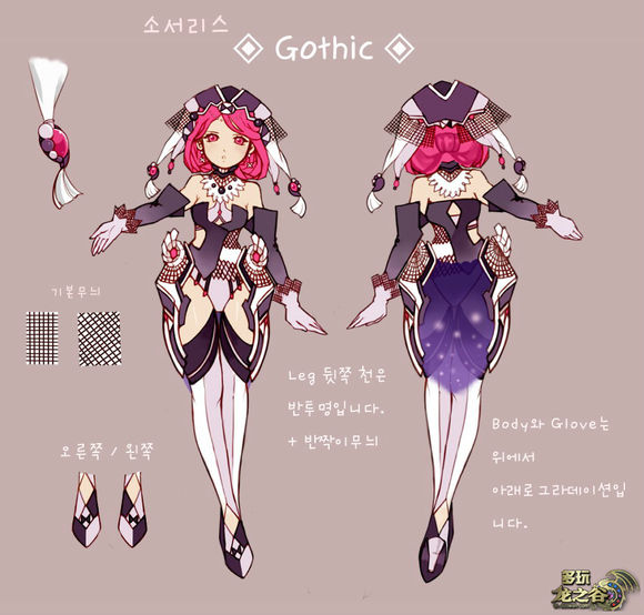 the image is a character design for a sorceress in a gothic style. she is wearing a pink and black dress with a white collar.  the dress has a lot of details, such as lace, stars, and ruffles. she is also wearing a black hat with a white feather and pink gloves. the character is standing in a pose that shows off her design. there are also text boxes in the image that give more details about the character design. for example, the text box on the left side of the image describes the character's basic appearance and the text box on the right side of the image describes the design of her leg and body.