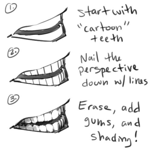 a threestep tutorial on how to draw teeth from a ¾ perspective, starting with cartoon teeth, then adding perspective lines, and finally erasing, adding gums, and shading.