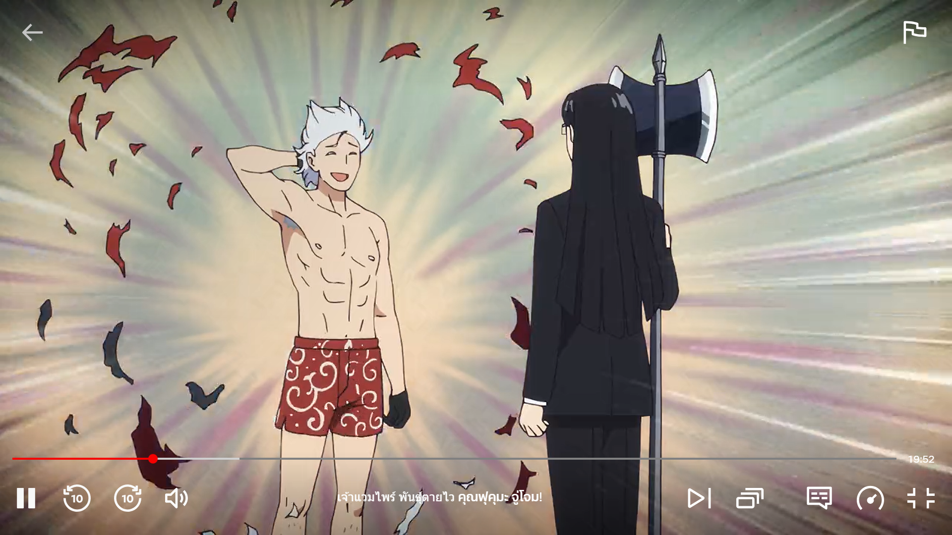 a shirtless, muscular man with white hair and red patterned shorts stands confidently in front of a woman in a black suit holding a large axe. the background is a vibrant mix of red, yellow, and white, suggesting an explosion or intense energy.  the scene appears to be from an anime or animated production.