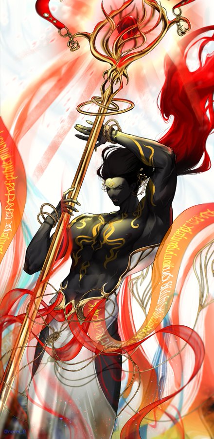 a digital illustration of a fantasy warrior character wielding a golden staff. he has dark skin and is surrounded by red and gold ribbons. the character is in a dramatic pose with the staff pointing up and the ribbons flowing around him. his eyes are closed. he is drawn in an animestyle.
