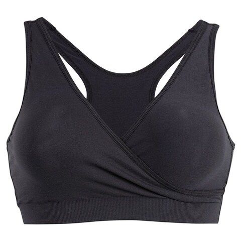 the image shows a black crossover sports bra with a racerback design, positioned against a plain background. the bra is intended as athletic wear for women, offering support and comfort.