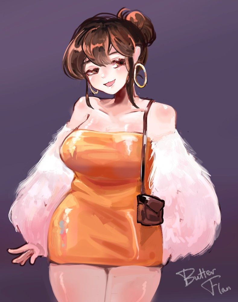 the illustration features a young woman with brown hair styled in two buns, adorned with large gold hoop earrings. she exudes a confident and playful aura, evident in her slight smirk and the glint in her eyes. the woman is dressed for a night out, sporting a skintight, strapless orange dress that accentuates her figure. her outfit is complemented by a luxuriouslooking fluffy white jacket draped casually over her shoulders and a small brown purse with a thin strap. the background is a simple, muted purple that allows the subject to take center stage.