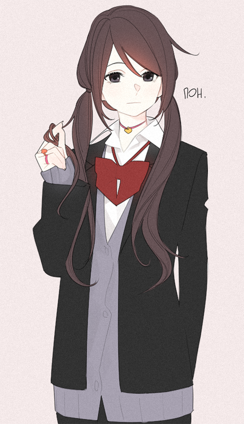 the image showcases a young anime girl drawn in a simple style. she's wearing a school uniform with a black blazer, gray sweater vest, white collared shirt, and a red ribbon tied around her neck. her long, dark brown hair is styled in pigtails, and she has a heartshaped choker. she's looking directly at the viewer with an indifferent expression while twirling a strand of hair. the background is plain and offwhite.
