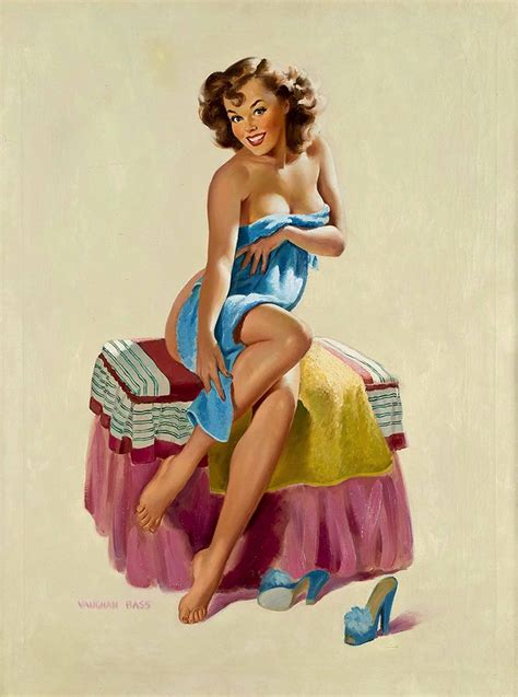 the image is a vintage pinup painting by vaughan rass. it depicts a smiling, attractive young woman with curly brown hair, sitting on a pink and yellowstriped stool or low bed. she's partially draped in a light blue towel after a bath or shower.  her pose is sensual but playful. a pair of blue mules lies on the floor near her feet. the overall style is characteristic of mid20thcentury pinup art, evoking a feeling of nostalgia and retro charm. the color palette is soft and pastellike.  the painting is rendered in a smooth, realistic style.