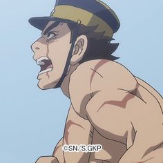 this is a digital illustration of a male character from an anime or manga series. he appears to be a soldier, with a militarystyle hat and scars on his face and body. the perspective is a closeup side view, with the character shouting or yelling. the background is a simple light blue sky, suggesting an outdoor setting during the day.