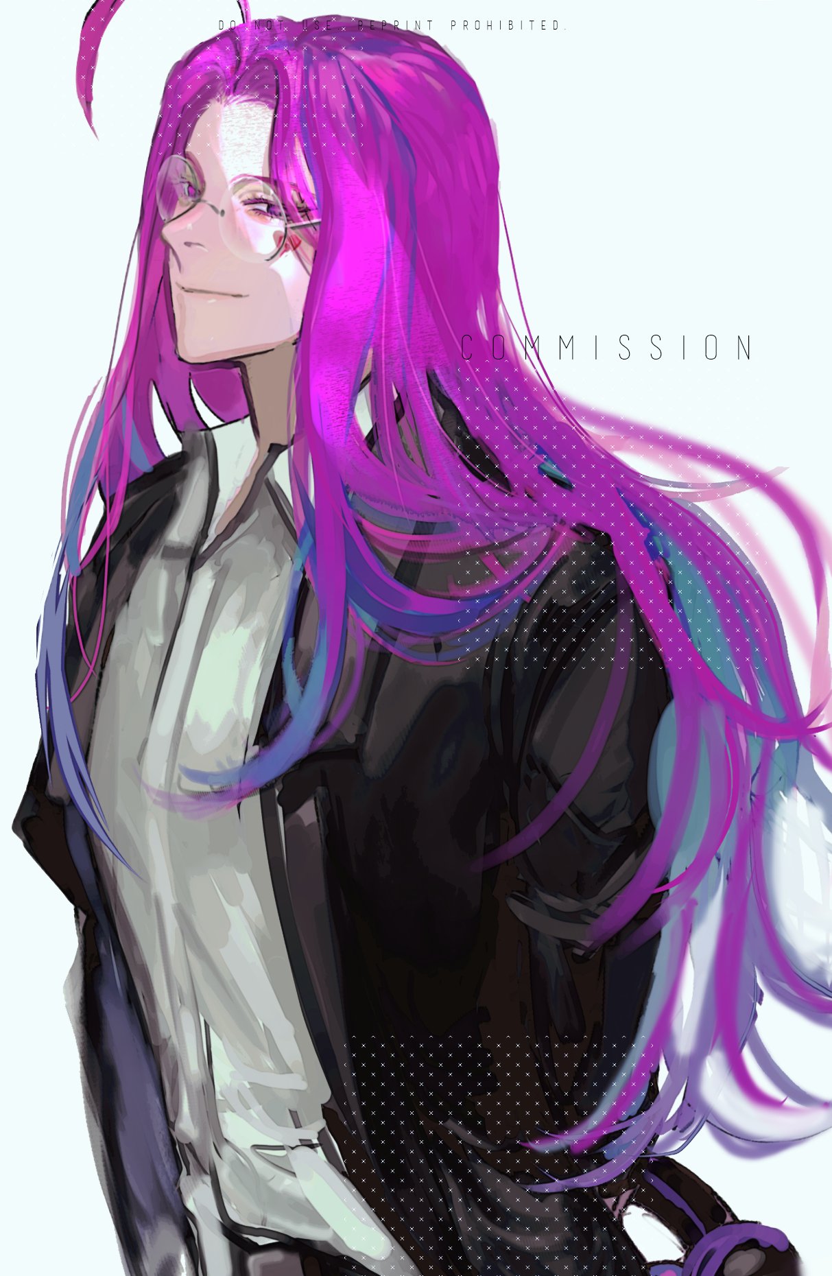 this is a digital illustration of an anime girl with long, flowing purple hair and glasses. she is wearing a white shirt and a black jacket. her expression is confident and mysterious. the background is a simple white, and the overall style of the art is futuristic and stylish.
