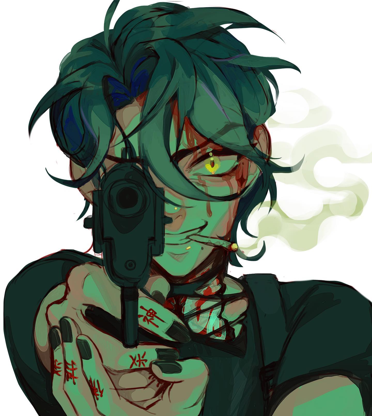 the image is a stylized digital illustration of an animestyle male character. he has vibrant green hair,  bloodstains on his face and neck, and tattoos on his hands.  he is holding a handgun pointed directly at the viewer, with smoke emanating from a cigarette he's smoking. the overall style is dark, edgy, and somewhat violent, with a color palette dominated by greens and teals. the character's expression is a sinister smirk, contributing to an unsettling and aggressive atmosphere.  the art style is loose and painterly, with visible brushstrokes.