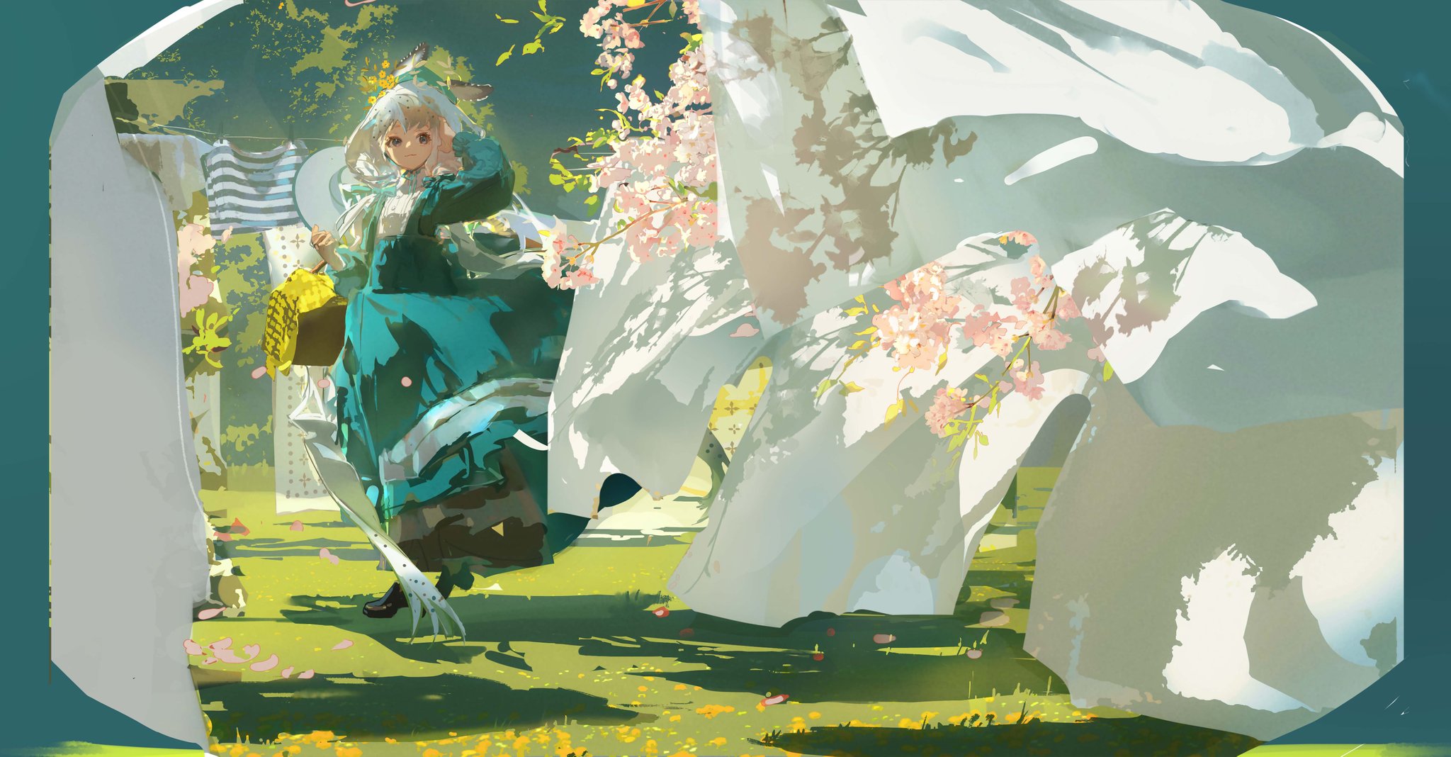 a young anime girl stands in a field of green with pink flowers. she is wearing a blue and white dress with a white hat. she is standing under a clothesline with white sheets hanging on it. the background is a green landscape.