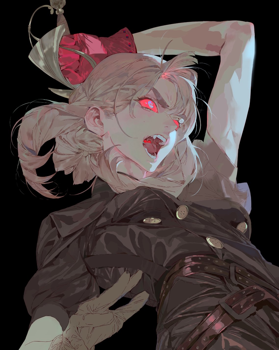 the image shows an animestyle woman with vampire traits, such as fangs and red eyes, in an action pose. she is wearing a black jacket with gold buttons and a brown belt. a sword is positioned behind her head, adorned with a red bow. she has light blonde hair styled in pigtails. her expression conveys anger. the background is black.