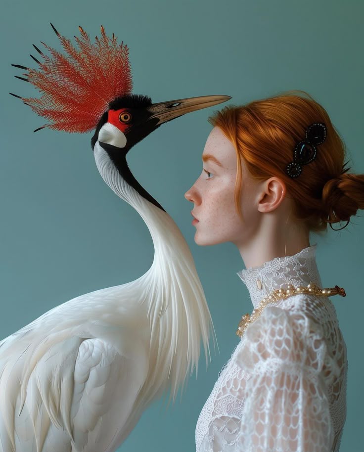 a surreal image featuring a woman with red hair and freckles standing in profile next to a large crane. the woman is wearing a white lace dress and a pearl necklace, her hair pulled back in a bun with a dark hair accessory. the crane, positioned to her left, has white feathers with a black neck, and a red and black crest on its head. the background is a solid light blue color. the image has an artistic, illustrative feel, possibly a fantasy or fashion illustration.