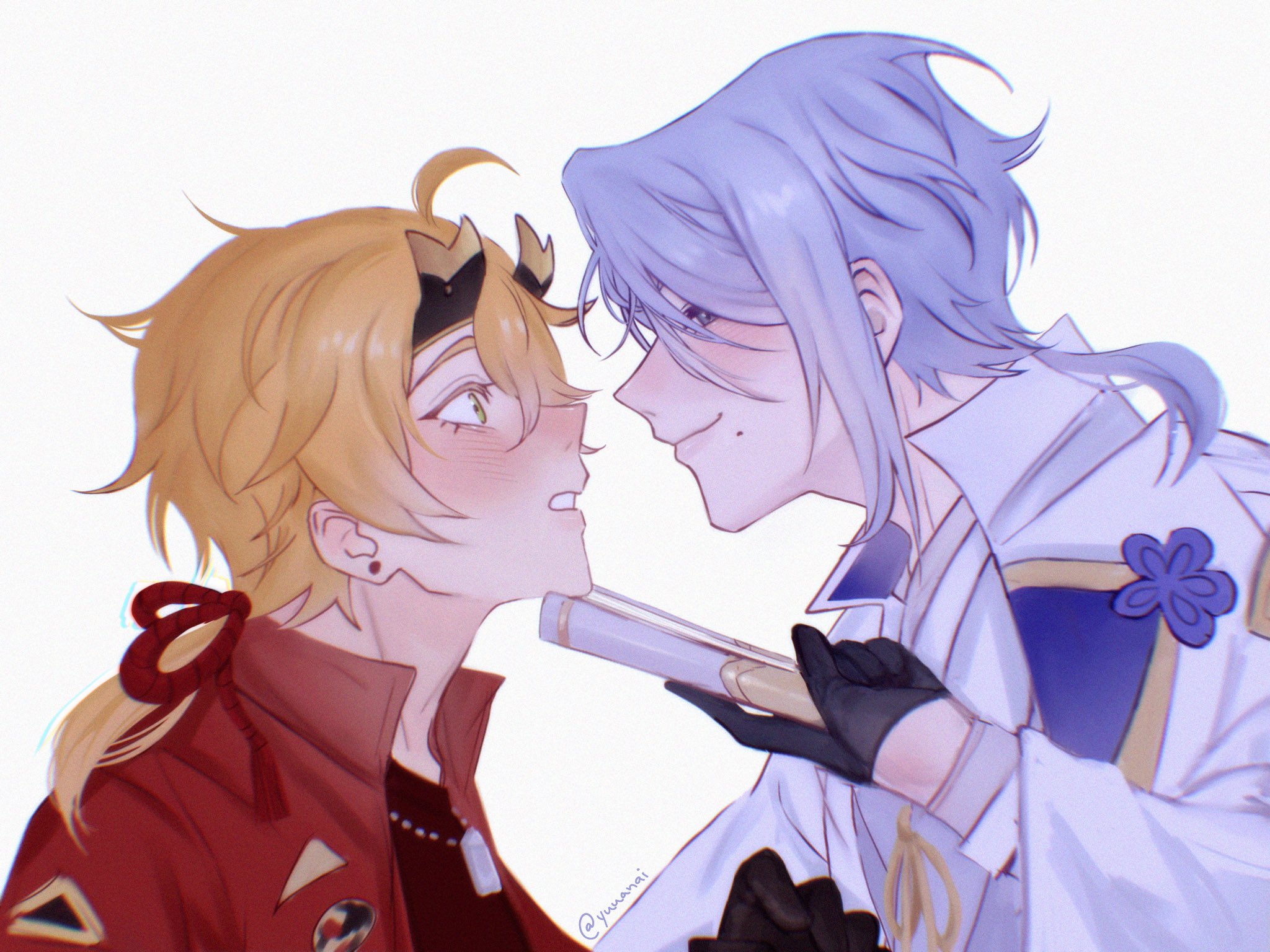 this is an anime illustration of two boys facing each other. the boy on the left has blonde hair, a red jacket, and a black choker necklace, and the boy on the right has silver hair, a white jacket, and black gloves. they are both blushing and seem to be in love with each other. the boy on the right is holding a katana, and the boy on the left is looking up at him with a happy expression. the background is a simple white.