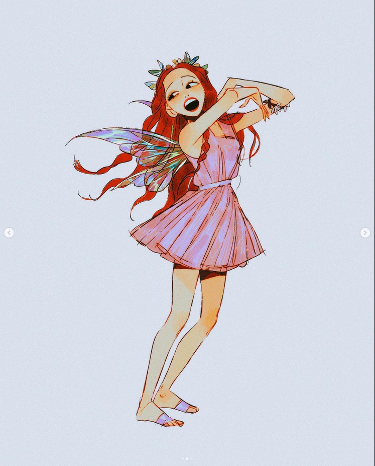 this is a digital illustration of a girl with long red hair wearing a flower crown, a pink dress, and butterfly wings. she is smiling and dancing with joy. the background is a light blue color. this illustration is in the anime style and is very colorful and vibrant.