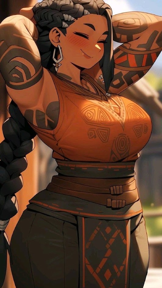 a digital illustration of a female character in a tribal outfit. she has dark skin, long dark hair and is wearing a leather vest with tribal designs, a leather belt and a dark skirt. she is looking at the camera with a confident expression. her arm is raised and she has intricate tattoos on her arms and hands. she is an attractive and powerful character.