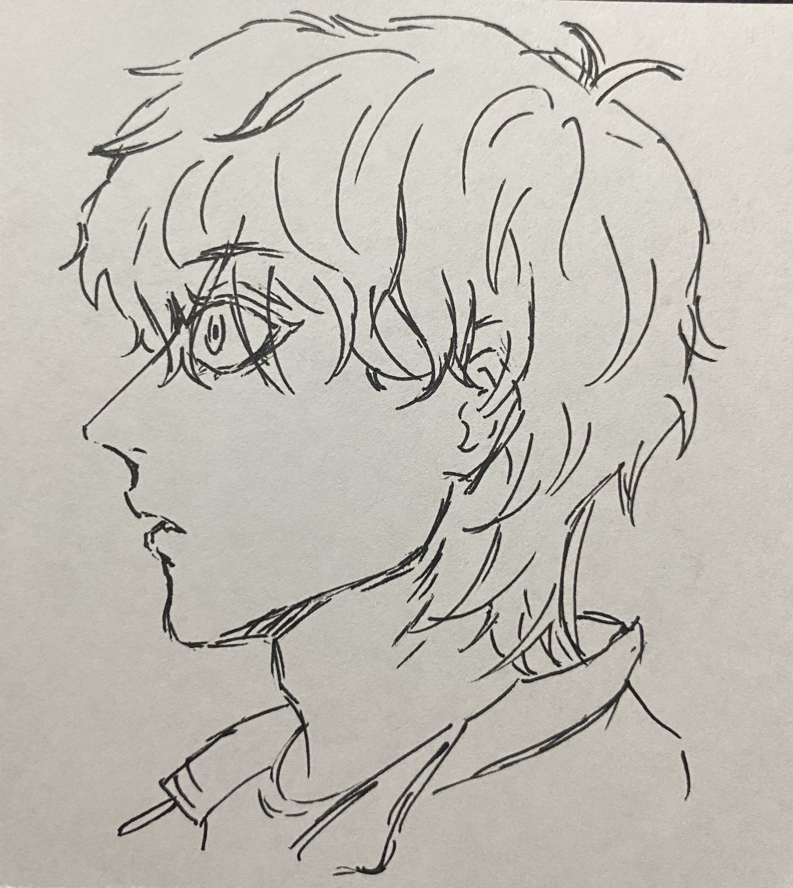 the image is a line drawing of a young animestyle boy's profile. his hair is short and slightly messy, and his expression is pensive or thoughtful, as suggested by his slightly downturned mouth and wide, expressive eyes. the style is reminiscent of manga or anime art, characterized by clean lines and a focus on capturing emotion through facial expressions and body language. the drawing is done in black ink on a lightcolored background. the overall style is simple yet effective in conveying the subject's mood and personality.