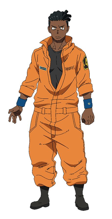 a digital illustration of a darkskinned man with dreadlocks wearing an orange firefighter jumpsuit. he has a muscular build and a serious expression. the jumpsuit has several patches and is slightly torn in places. he wears wristbands and the background is plain white.