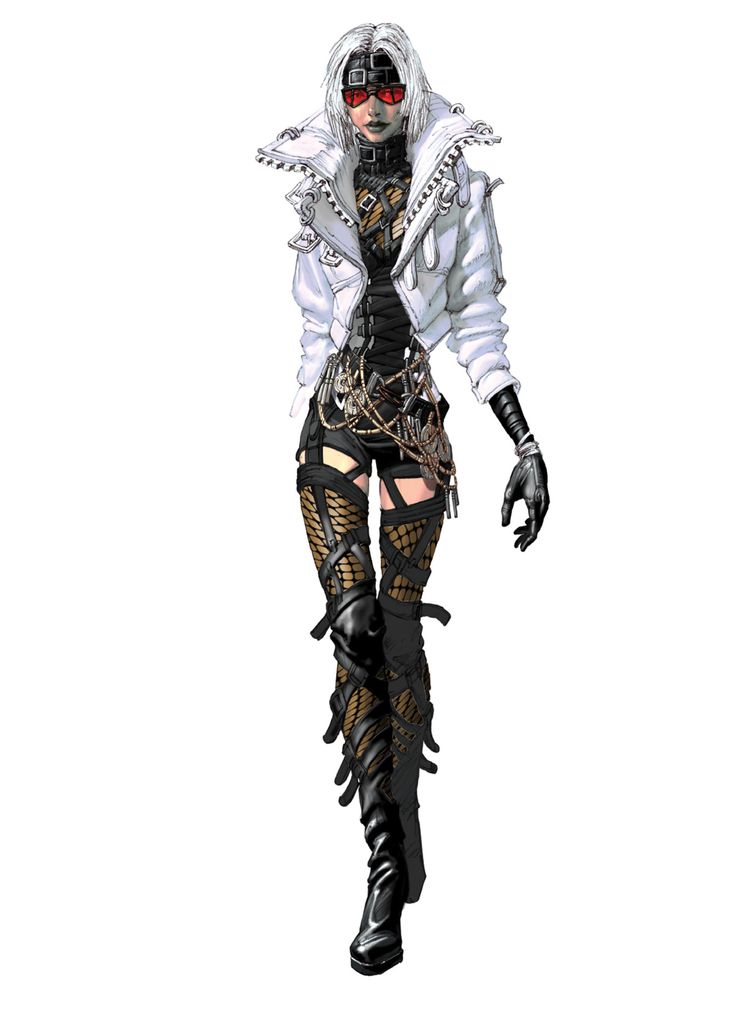 the illustration depicts a female anime character with a stylish and edgy aesthetic. she's dressed in a white leather jacket, black pants, and fishnet stockings. her high boots are a highlight, with intricate strap details. her white hair and red glasses contrast with her dark eyeliner, giving her a fierce look. this character design evokes a cyberpunk or fantasy world with its unique fashion elements and powerful presence.