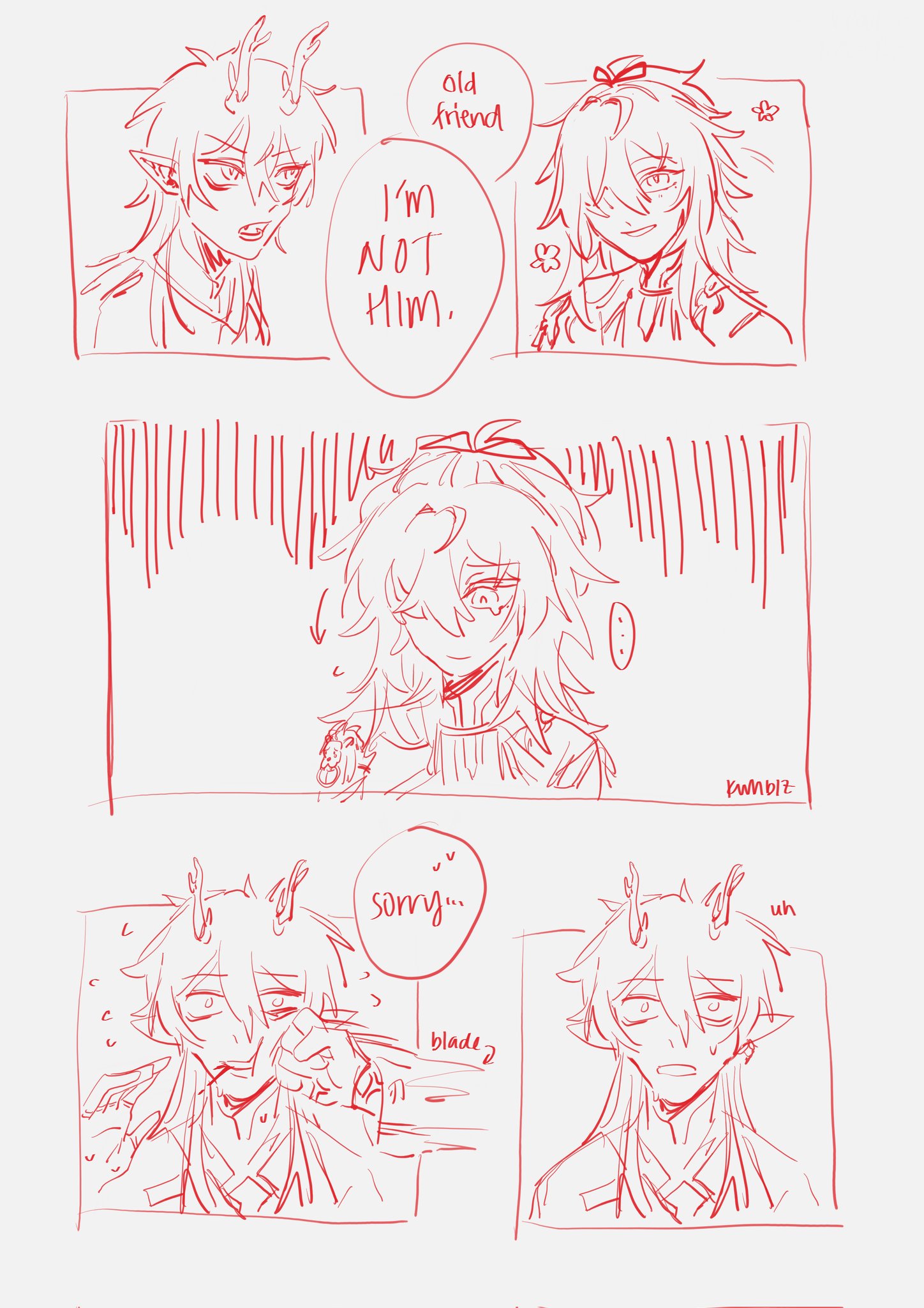 this is a comicstyle illustration of a conversation between four anime characters. the characters are drawn in a simple, sketchy style with red lines. the dialogue is written in speech bubbles and includes the words "old friend," "i'm not him," "sorry," and "blade." the characters are all expressing different emotions, such as sadness, confusion, and surprise. the background is simple and white. the overall tone of the comic is lighthearted and playful.