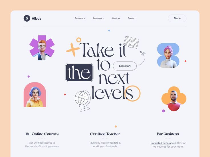 the image is a screenshot of a website for an online learning platform called albus. the website promotes the platform with the tagline "take it to the next level" and offers online courses for individuals and businesses. the website features images of diverse people, a globe, and a book, symbolizing the global reach and wide range of subjects available on the platform. it highlights the platform's certified teachers and the availability of unlimited access to thousands of courses.