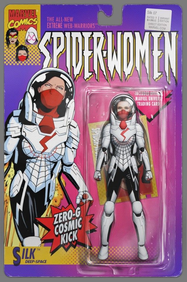 the image shows a marvel comics spiderwomen action figure of silk deepspace in a blister pack. the figure is wearing a white and black suit with a red mask. the blister pack includes a trading card.