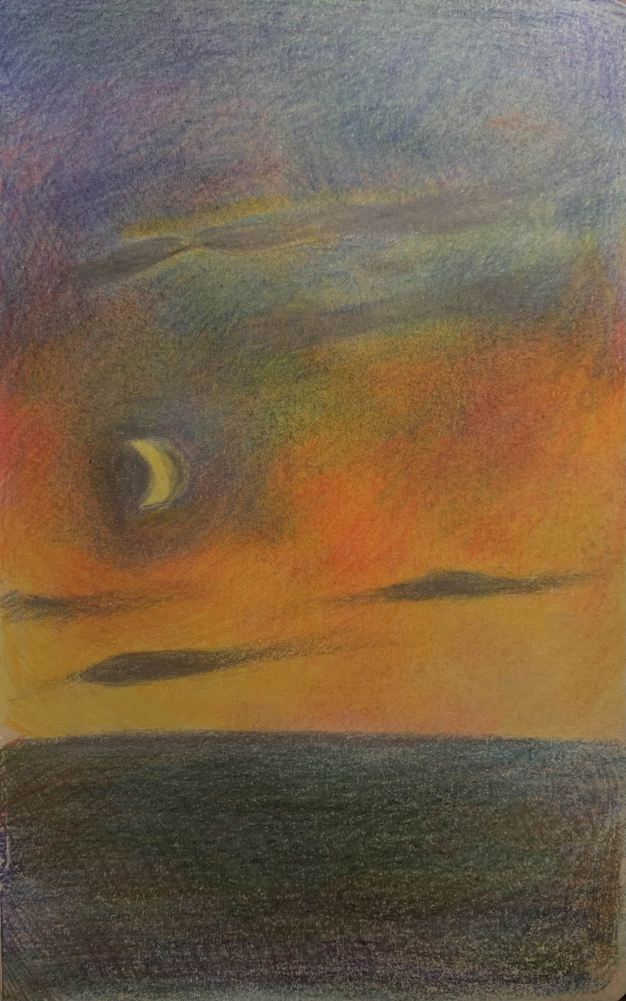 the image is a drawing of a sunset over the ocean. the sky is a blend of orange, yellow, and purple hues. there is a sliver of a crescent moon in the sky. the ocean is a dark blue, almost black, and there are some dark clouds on the horizon. the overall effect is one of peace and tranquility.