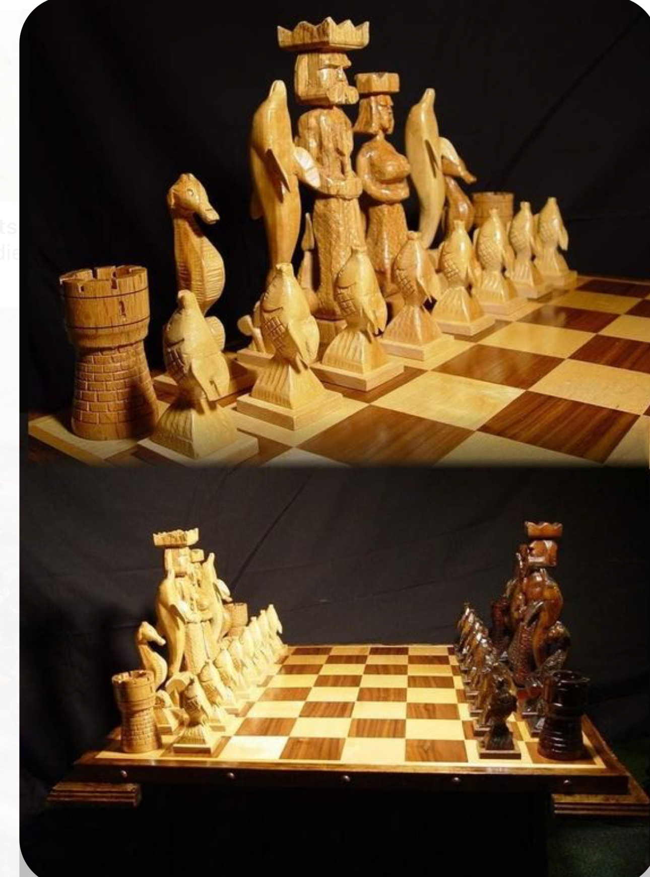 the image showcases a beautifully handcrafted wooden chess set. the chess pieces are intricately carved with motifs of sea creatures, kings, queens, and castles. the chessboard is made of light and dark wood squares. the top photo provides a closeup view of the chess pieces arranged on the board, highlighting the craftsmanship. the bottom photo offers a wider perspective, showcasing the entire chess set on a table. the warm, artificial spotlight illuminates the scene, emphasizing the intricate details of the carvings and the natural beauty of the wood.