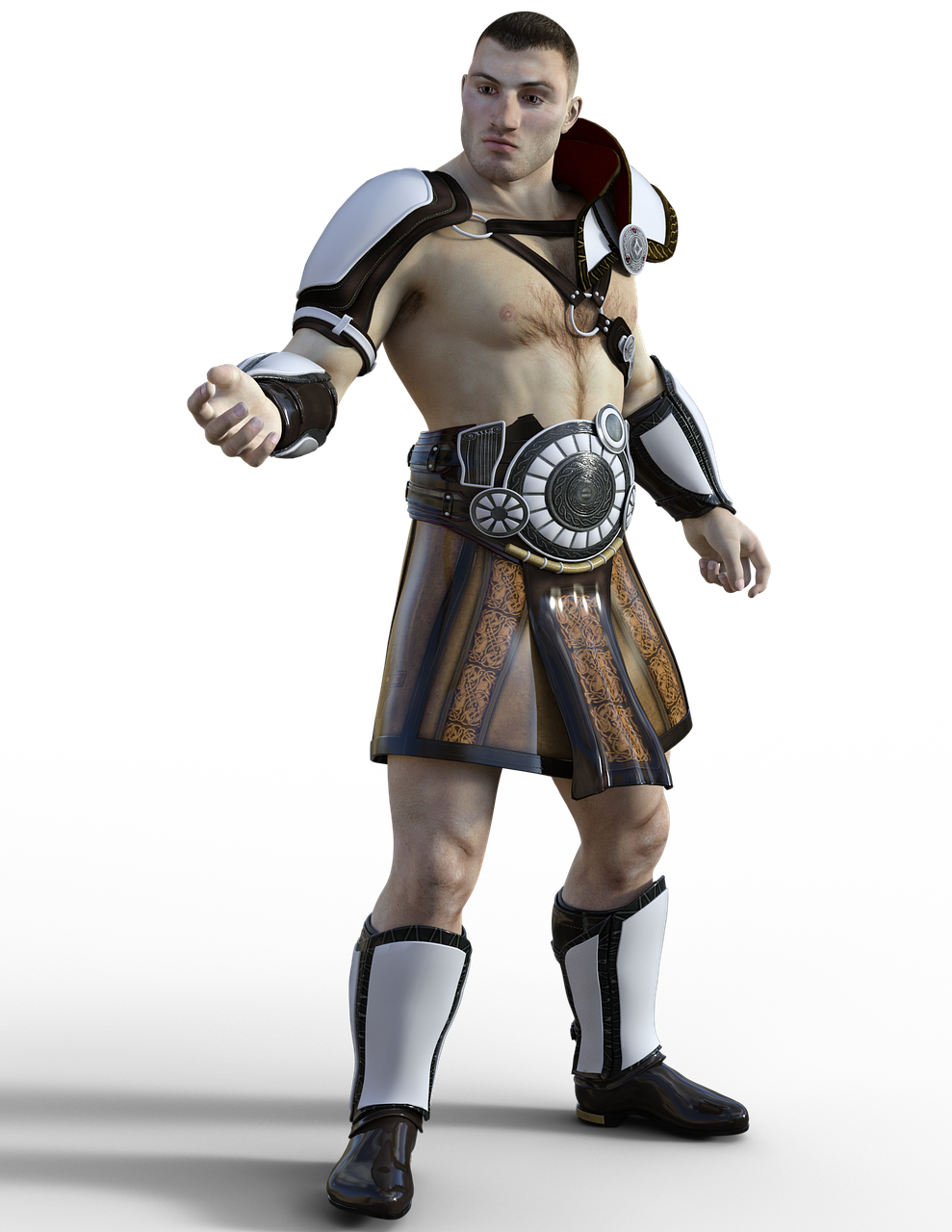 a man dressed as a gladiator in full costume stands in front of a black background. he wears shoulder pads, a large belt with a circular design, a short skirt, and kneehigh boots. his posture suggests he is ready for combat.