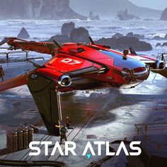 the image showcases a sleek, red futuristic spaceship landing on a platform built on a rocky coastline. the ocean crashes against the rocks in the background, while the sky is filled with soft, white clouds. the scene is illuminated by natural daylight, creating soft shadows that accentuate the spaceship's design. the image is taken from a slightly elevated perspective, providing a clear view of the ship and its surroundings.  tiny figures can be seen on the platform, emphasizing the scale of the spaceship. the overall style is reminiscent of science fiction, with a focus on exploration and adventure. the name "star atlas" is prominently displayed at the bottom, hinting at a larger fictional universe.